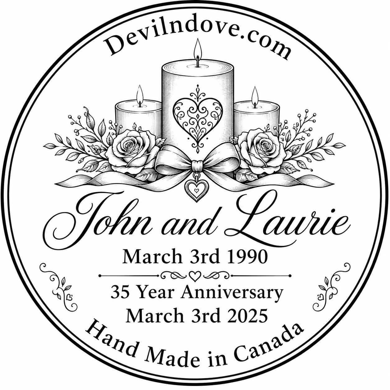 Round engraved wedding candle top with curved website, candle and rose artwork, names, dates, anniversary and Made in Canada wording